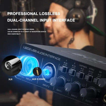 BOMGE U202 USB Audio Interface with Mic Preamplifier XLR/TSR/TS Ports,48V,32-Bit/192kHz Resolution fro computer recording,Streaming,Podcasting