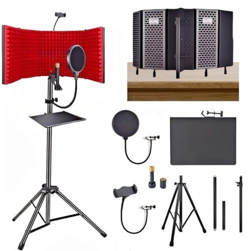 SYLPHID Microphone Isolation Shield with Pop Filter & Stand and Phone Clip, Foldable Triple Layer Sound Proofing, Studio Mic Cover for Recording, Podcasting, Streaming, Singing, YouTube Videos Red - color: Red