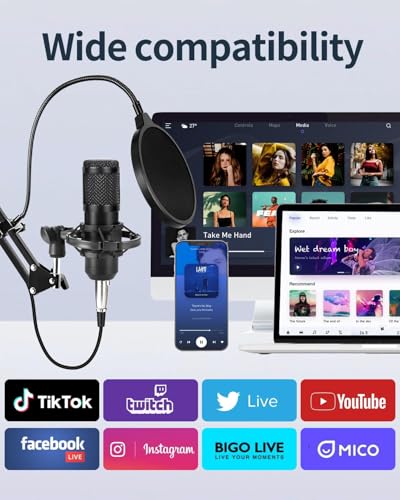 Podcast Equipment Bundle for 1, Studio Recording Kit with Condenser Mics, Bluetooth Sound Card, DSP Effects, Real-Time Monitoring, Plug & Play for Streaming, Singing, Gaming, (Black, 2 Packs)
