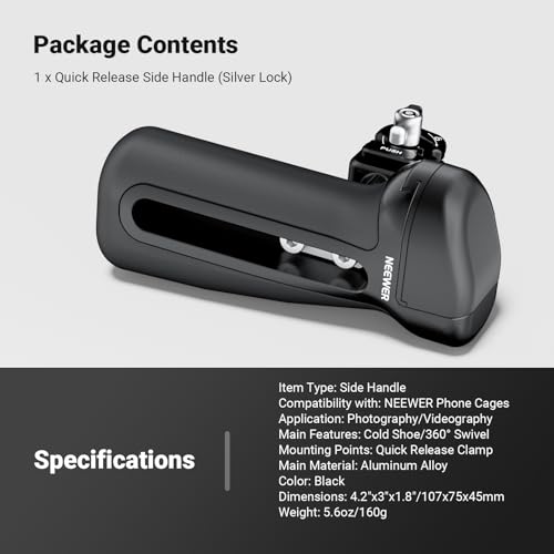 NEEWER Quick Release Side Handle with Anti Off Cold Shoe, 360° Rotation, Silicone Nonslip Grip, Compatible with iPhone 16 Pro Max S25 Ultra Phone Cage Accessories, PA148 - style: PA148