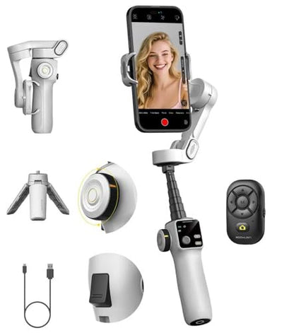 AOCHUAN Smartphone Gimbal Stabilizer for iPhone & Android, 3-Axis Phone Gimbal with Bluetooth Remote Control, Built-in 7.8” Extendable Rod, Face Tracking, Video Stabilizer – Smart V8 Kit White - color: White, size: V8 with RC