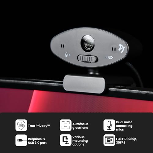 Arozzi - Occhio True Privacy Webcam - Magnetic Privacy Cover, Dual Omni-Directional Noise Cancelling Microphones with Manual Circuit Breaker, and Full HD, Black - style: Webcam