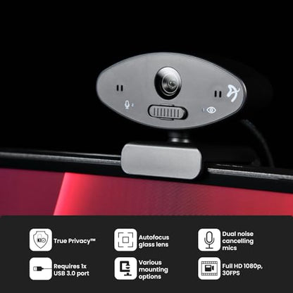 Arozzi - Occhio True Privacy Webcam - Magnetic Privacy Cover, Dual Omni-Directional Noise Cancelling Microphones with Manual Circuit Breaker, and Full HD, Black - style: Webcam