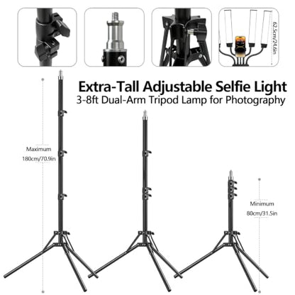 Selfie Light with 75'' Tripod Stand, Dimmable 3 Color Four Arms LED Tattoo Light with Phone Holder & Carry Bag, LED Light for Lash Tattoo Video Photography Live Stream, 80W 95CRI Floor Lamp