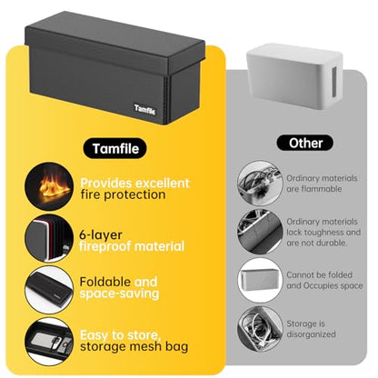 Tamfile Cable Management Box, Fireproof Foldable Cord Organizer and Cover | Heat Resistant Large Power Strip Organizer for TV Wires, Computer and USB Hub with Cable Clips & Reusable Cable Ties, Black
