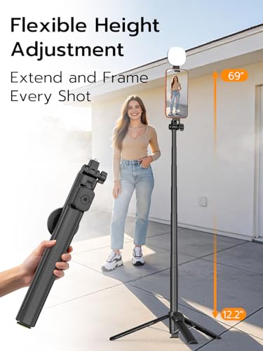 USKEYVISION Magnetic Tripod for iPhone & Android with Light,69” Extendable Selfie Stick for Magsafe,Auto-Open Phone Stand w/Magnetic Selfie Light,Remote,Vlogging Kit for Video Recording(MPT-04)