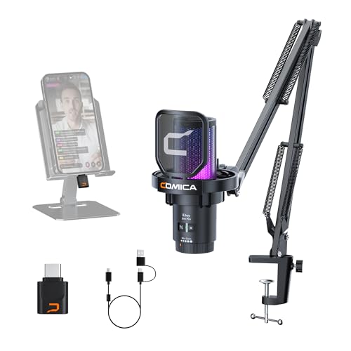 COMICA EJoy Uni Pro Wireless USB Condenser Gaming Microphone for PC, PS4, PS5, USB C Phone and Mac, Boom Arm RGB Computer Mic for Twitch, Streaming, Podcasting, Noise Cancellation Mic with Mute, Gain - color: Black