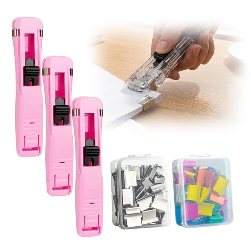 Portable Binder Clip Stapler, 2026 New Reusable Portable Paper Clam Clip Dispenser, 100 Metal Refill Clips (50 Silver + 50 Color) for Home, School, Desk Office (Pink-3PCS) - color: Pink-3pcs