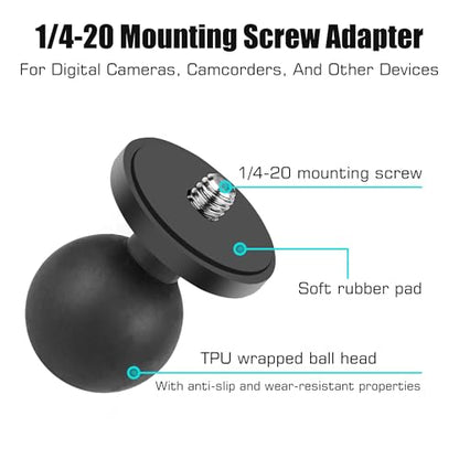 GEPULY 2pcs 1''/25mm Ball Head Mount 1/4"-20 Threaded Stud+Tripod Adapter for Gopro Hero Series/AKASO/Insta360/DJI OSMO Action Camera, Fit RAM Ball Head Mount B Size Double Socket Arm