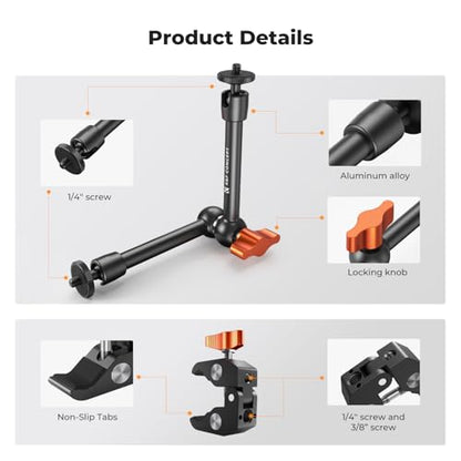 K&F CONCEPT 9.8" Magic Arm Clamp Kit with 1/4" & 3/8" Thread Screw 360° Ball Heads Articulating Magic Arm with Tripod Mount Adapter for Gopro/LED Lights/Monitor/Flash/Microphone/DSLR Camera - style: 9.8" with Adapter