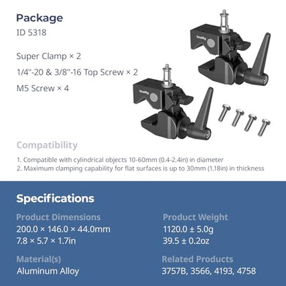 SmallRig Super Clamp Kit 2-Pack, Heavy Duty Max Load 33lb /15kg, with a 1/4"-20 & a 3/8"-16 Top Screw on a 5/8" Stud, for Photography Studio Video Camera Lighting, for Round Pipe and Flat Surface 5318 - size: Clamp (2 Pack)