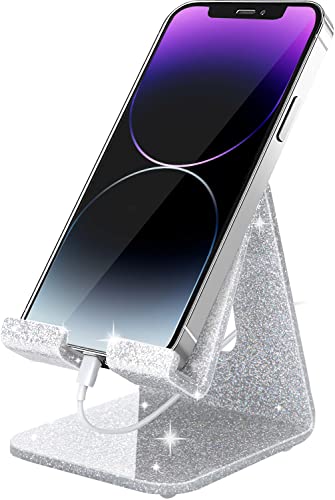 Crpich Acrylic Cell Phone Stand, Portable Phone Holder, Phone Stand for Desk, Compatible with Phone16 15 14 13 12 Pro Max Mini 11 Xr Plus SE, Switch, Android Smartphone, Pad, Tablet, Glitter Silver - color: 5-Glitter-Silver, size: 1 Pack