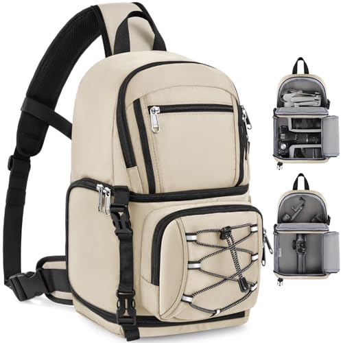 RAINSMORE Camera Bag, DSLR & Mirrorless Camera Sling Bag for Photographers Waterproof Small Camera Crossbody Case with Removable Padded Insert & Tripod Holder for Canon/Nikon/Sony/Fuji, Beige - color: Beige