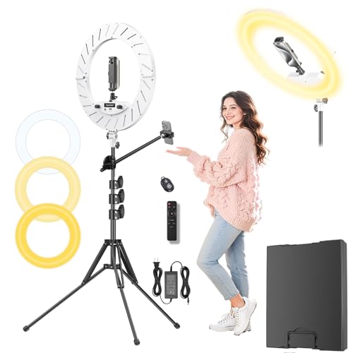 Ring Light 18" with Stand, 55w 6700K LED Light,63" Tripod,Multi-Angle Adjustable Phone Stand, for iPhone and Android Phones, CRI95, Suitable for YouTube, TikTok, Selfies (White, 18") - color: White