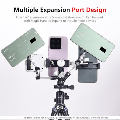 AOKA Metal Phone Tripod Mount, Arca Compatible Base with Cold Shoe, 360° Swivel and 180° Tilt Adjustment, Includes Multiple 1/4 Bolt Expansion Ports, Compatible with iPhone 17 Pro Max Galaxy S25 Ultra