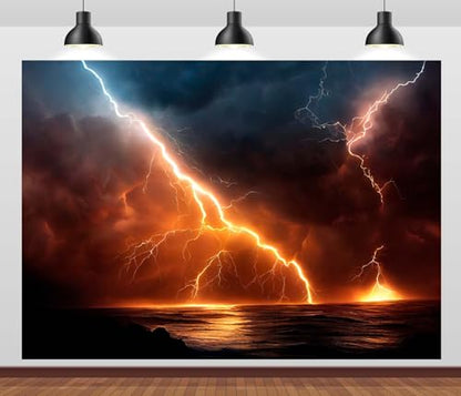 15x8ft Ocean Rainstorm Lightning Backdrop Lightning Storm Backdrop Dark Cloudy Sky Thunderstorm Background Party Decoration Photo Booth Studio Prop - size: 15x8FT