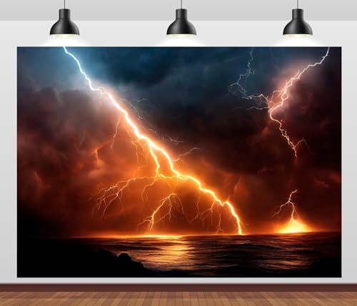15x8ft Ocean Rainstorm Lightning Backdrop Lightning Storm Backdrop Dark Cloudy Sky Thunderstorm Background Party Decoration Photo Booth Studio Prop - size: 15x8FT