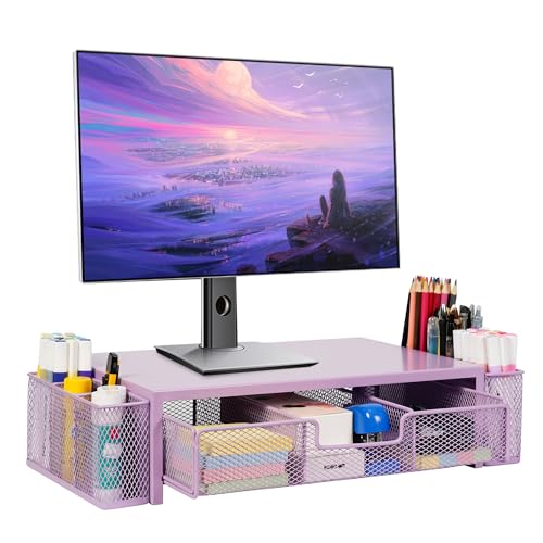 Qupui Computer Monitor Stand Riser with Drawer and Pen Holders, Desk Organizer Shelf and Accessories, Office Desk Accessories, Office Organization, Purple - color: Purple with Drawer