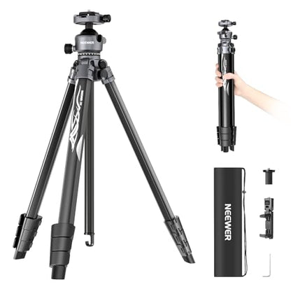 NEEWER LITETRIP LT07 61" Aluminum Travel Tripod for Camera w Pan Tilt Low Profile Ball Head, Arca QR Plate Compatible with PD Tripod Plate, Dual Center Axis, Phone Holder, Max Load 22lb - style: LT07 w/Clip