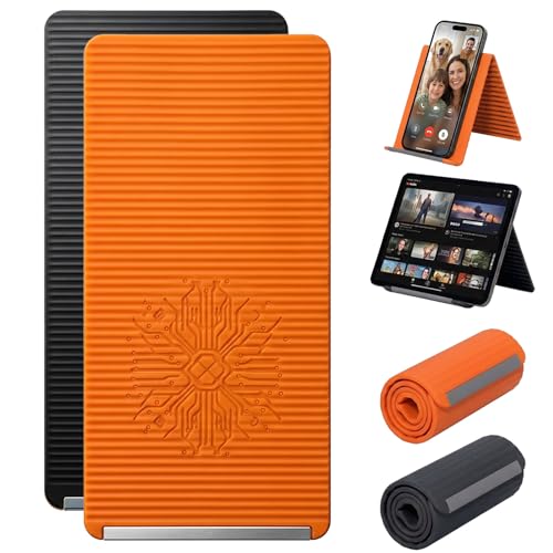 2PCS Portable Foldable Silicone Aluminum Phone Holder, 2026 New Flexible Silicone Phone Stand, Adjustable Airplane Phone Holder for Tablet Laptop Desk Travel Non-Slip Office Treadmill - color: Orange&Black-2PCS-New