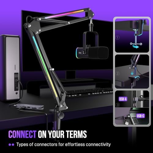 FIFINE Microphone Boom Arm, Metal Adjustable Mic Arm Stand with RGB Control, 3/8” to 5/8” Screw Adapter, Desk Mount Clamp, Suspension Scissor Mic Stand for Gaming Streaming Podcast-AmpliGame BM38 - color: Black