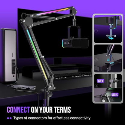 FIFINE Microphone Boom Arm, Metal Adjustable Mic Arm Stand with RGB Control, 3/8” to 5/8” Screw Adapter, Desk Mount Clamp, Suspension Scissor Mic Stand for Gaming Streaming Podcast-AmpliGame BM38 - color: Black