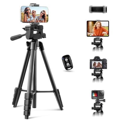 65” Phone&Tablet Tripod, Aureday Cell Phone Tripod for iPhone with Wireless Remote and Phone Holder, Extendable Stand for iPad, Suit for Video Recording/Makeup/Live Streaming - color: Black, size: 65in