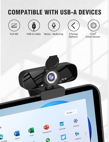 Tewiky Full HD Webcam with Built-in Microphone and Rotatable Tripod, 4K Video and Wide Angle Camera, Privacy Cover, for Desktop PC or Laptop Computer - style: 4K Webcam with USB Cable