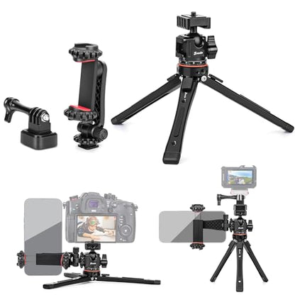 Zeadio Heavy Duty Metal Tripod Kit: with 360° Ball Head Mount, Phone Clip & Action Camera Adapter, 1/4" Screw Adapter Tripod Mount for iPhone/Android Smartphone, Vlog, Camera, Gimbal, Action Cam etc - style: Dual Cold-shoe Ball Head