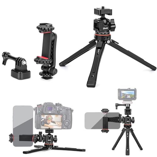 Zeadio Heavy Duty Metal Tripod Kit: with 360° Ball Head Mount, Phone Clip & Action Camera Adapter, 1/4" Screw Adapter Tripod Mount for iPhone/Android Smartphone, Vlog, Camera, Gimbal, Action Cam etc - style: Dual Cold-shoe Ball Head