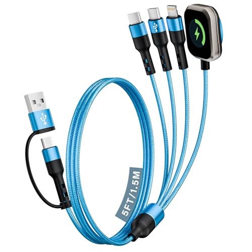Travel Cruise Essentials 2026, Dual Type-C 4 in 2 Multi Charging Cable for Travel with Multi USB-C Devices, USB A/C with Dual USB C Cable/iWatch/IP, Designed for iWatch Series, iPhone 17-8 (Blue, 5FT) - color: Light Blue, size: 1Pack5FT