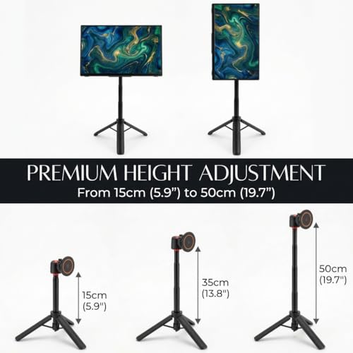 Portable Travel Monitor Stand, Height Adjustable Magnetic Metal Tripod Mount for 15.6'' Portable Monitor, Foldable Vertical Screen Holder Fits 4.7-18.5'' Monitors & Tablets/Smartphones