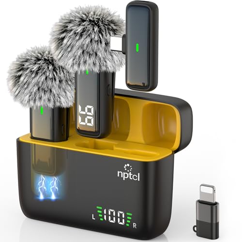 NPTCL Wireless Lavalier Lapel Microphone for iPhone iPad Android Phone | LED Digital Charge Display, Noise Reduction, 24 Hours Charging Case, 70Ft Cordless Recording for Youtube Tiktok Podcast