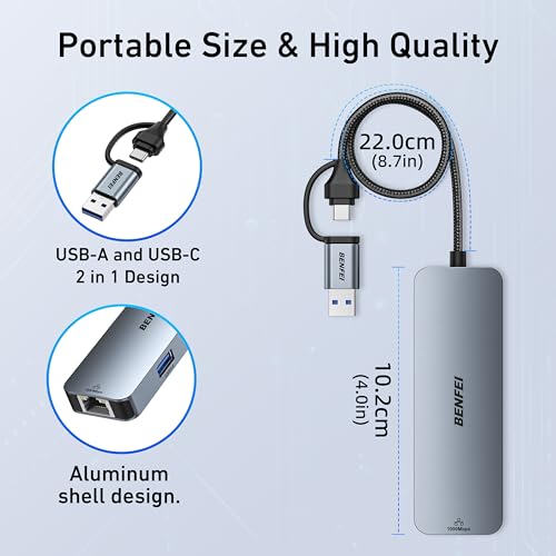 BENFEI USB-C to Gigabit Ethernet Adapter with 3-Port USB 3.0 Hub, RJ45 Network Adapter Compatible with MacBook Pro/Air, iPad Pro, iMac, Galaxy S23, XPS 17, Surface Book 3 - style: USB sideways