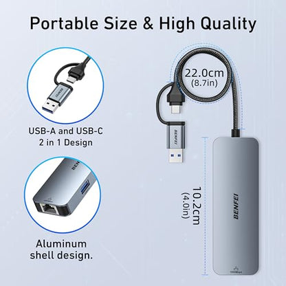BENFEI USB-C to Gigabit Ethernet Adapter with 3-Port USB 3.0 Hub, RJ45 Network Adapter Compatible with MacBook Pro/Air, iPad Pro, iMac, Galaxy S23, XPS 17, Surface Book 3 - style: USB sideways