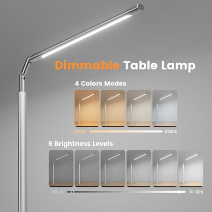 SIBRILLE Silver LED Desk Lamp, 16" Dimmable Metal Desk Light with Base, 15W 1200LM, Adapter Included, Color & Brightness Adjustable, Modern Tall Table Lamp for Home Office Reading Study Task Laptop - color: Silver