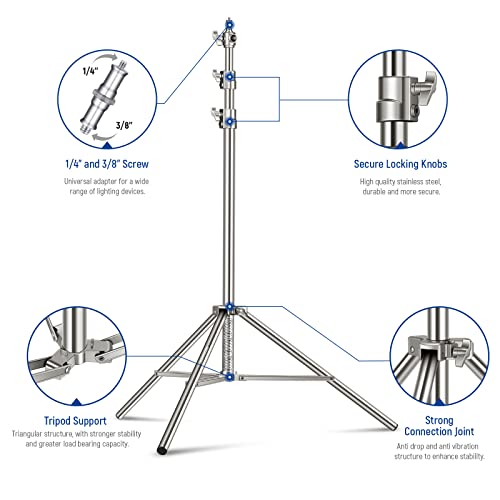 NEEWER 7.2ft/2.2m Stainless Steel Light Stand, Spring Cushioned Heavy Duty Photography Tripod Stand with 1/4” to 3/8” Screw Adapter for Strobe,LED Video Light,Ring Light, Monolight, Softbox - style: ST-220SS