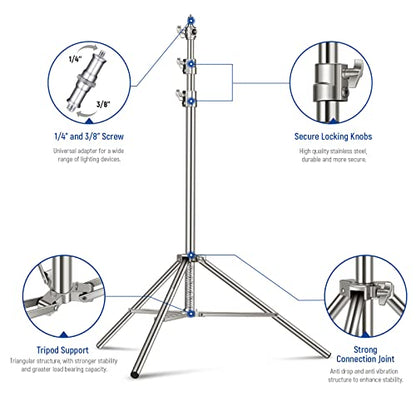 NEEWER 7.2ft/2.2m Stainless Steel Light Stand, Spring Cushioned Heavy Duty Photography Tripod Stand with 1/4” to 3/8” Screw Adapter for Strobe,LED Video Light,Ring Light, Monolight, Softbox - style: ST-220SS
