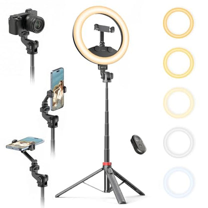 10''Selfie Ring Light with 64''Tripod Stand,Rechargeable Ring Light with Phone Holder and Remote Control,Adjustable Color Temperature and Brightness,5000mAh Battery,Live Streaming,Makeup,Travel,Gaming