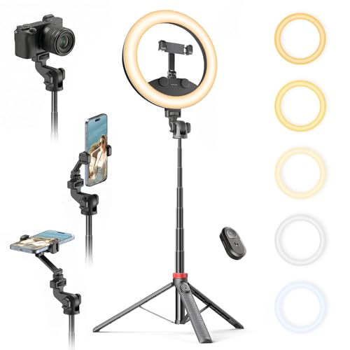 10''Selfie Ring Light with 64''Tripod Stand,Rechargeable Ring Light with Phone Holder and Remote Control,Adjustable Color Temperature and Brightness,5000mAh Battery,Live Streaming,Makeup,Travel,Gaming