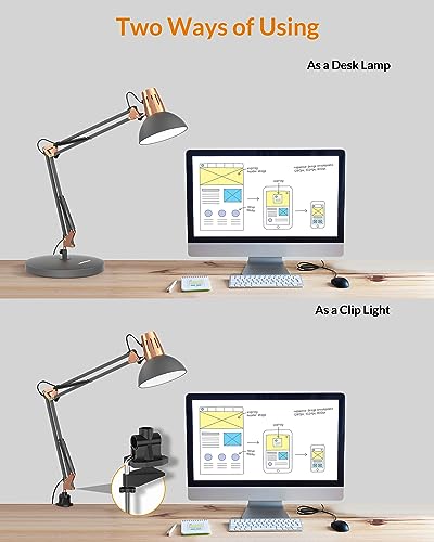 LEPOWER Metal Desk Lamp, Adjustable Goose Neck Architect Table Lamp with On/Off Switch, Swing Arm Desk Lamp with Clamp, Eye-Caring Reading Lamp for Bedroom, Study Room &Office (Sandy Black) - color: Sand Black