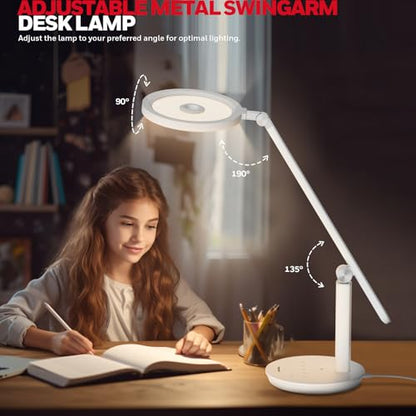 Honeywell Desk Lamp for Home Office, H6 Sunturalux™ Eye-Caring Led Desk Light, 800LM Dimmable Desk Lamp with Timer, Touch Control Tall Desk Reading Light, Table Lamp for Circle Webcam, Study, Bedroom - color: White