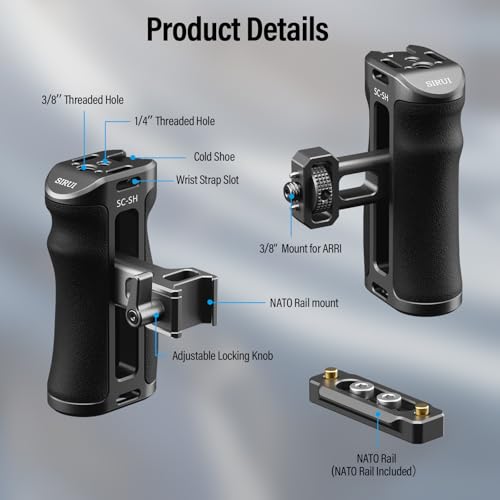 SIRUI Camera Cage Side Handle, Aluminum NATO and 3/8'' Locating Mount for ARRI Side Hand Grip with Cold Shoe and Threaded Holes, Up and Down Adjustable, Pack of 1, SC-SH
