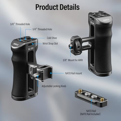 SIRUI Camera Cage Side Handle, Aluminum NATO and 3/8'' Locating Mount for ARRI Side Hand Grip with Cold Shoe and Threaded Holes, Up and Down Adjustable, Pack of 1, SC-SH