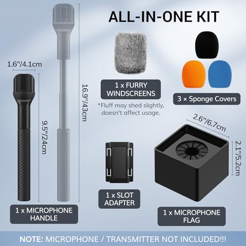 TONOR Wireless Mic Handle Compatible with DJI, RODE, Hollyland, Adjustable length Microphone Stand for ALL Lavalier Mic, Channel Flag Box, Rubber Grip, Wind Muff for Vlog, Reports, Interview, TP40