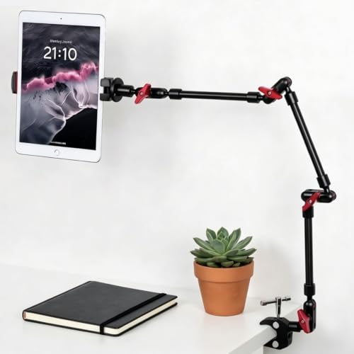 Magic Arm Camera Mount, 32" Aluminum Articulating Arm with Desk Clamp & Standard 1/4" Screw, Heavy Duty Overhead Tablet Stand for Video Recording, Live Streaming, Vlogging - size: 32 Inch Arm + Clamp + iPad Clip