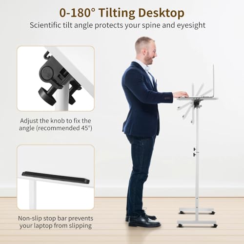 Mobile Podium, Adjustable Standing Desk with Caster Wheels, Adjustable Height 360° Swivel Desktop, Versatile Podium Laptop Desk Stand Up Desk Easel Presentation Lectern (White) - color: White