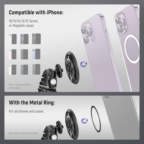 Neewer Magnetic Phone Tripod Mount Adapter with Adhesive Magnetic Ring 2 Pack Compatible with MagSafe iPhone 16 15 Pro Max Plus 14 13 12, 1/4" Thread for Video Recording Selfie Stick Ring Light, PA010 - style: PA010(2 Pack) w/Magnetic Ring