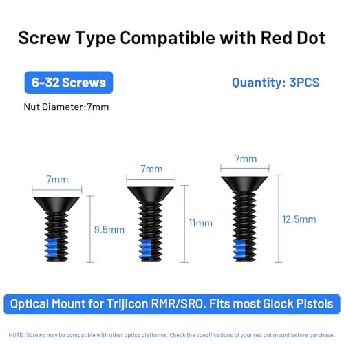 Red Dot Screw Kit 9 Pcs #6-32 Screw Diameter 7mm Includes 9.5mm/11mm/12.5mm Blue Thread Locker Stainless Steel Red Dot Sight Screws for Trijicon RMR/SRO Optical Mounts