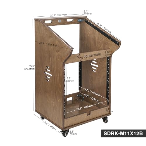 Sound Town DIY Studio Rack with 11U Slant Mixer Top, 10U Front Rack, 2U Bottom Storage, Casters, Rubber Feet, Baltic Plywood, Weathered Brown (SDRK-M11X12B) - size: 12U,Weathered Brown